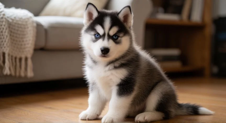 Cachorro de Husky Siberiano con ojos azules mirando curiosa en el suelo