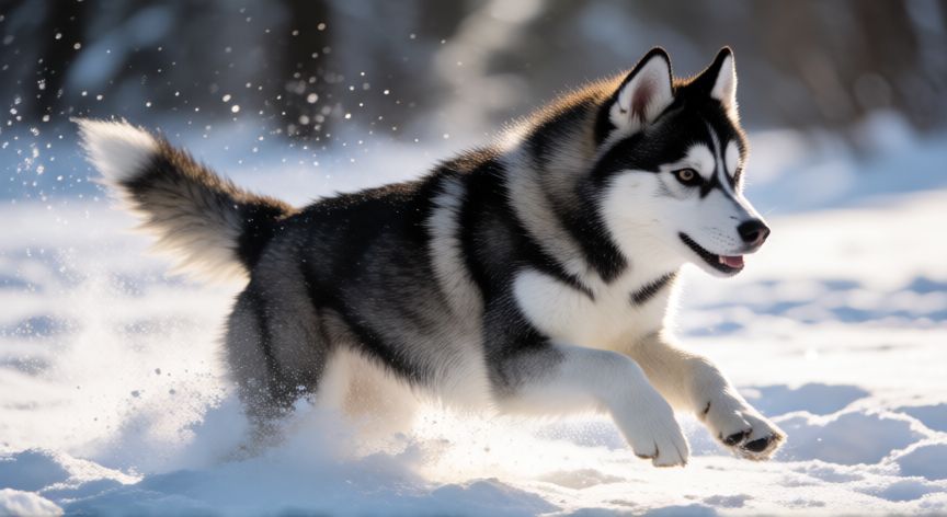 cuidados de cachorro husky, Husky joven corriendo energéticamente en un campo nevado bajo el sol invernal