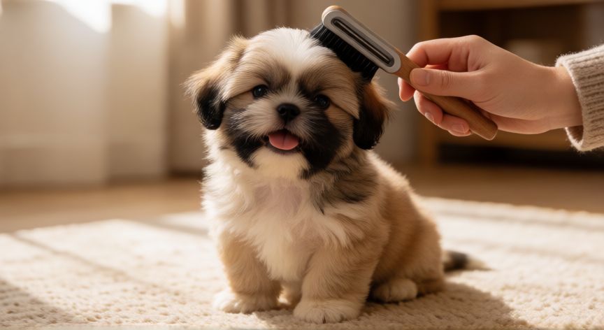 cuidados de cachorro shih tzu, Cachorro Shih Tzu siendo cepillado con cuidado en un ambiente hogareño