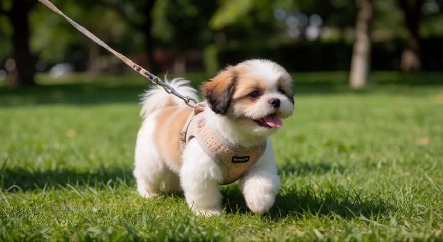 cuidados de cachorro shih tzu, Cachorro Shih Tzu durante un paseo en el parque con correa