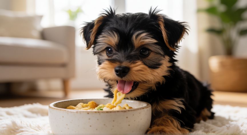 cuidados de cachorro yorkshire, Cachorro de Yorkshire Terrier comiendo su alimento en un cuenco