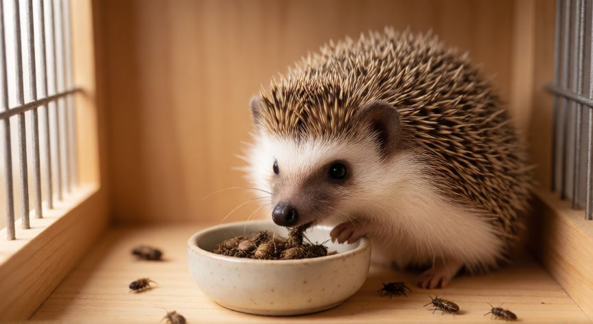 cuidados de erizo como mascota, Erizo mascota comiendo insectos en su jaula
