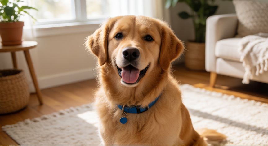 cuidados de la mascota, Perro feliz en el salón de casa