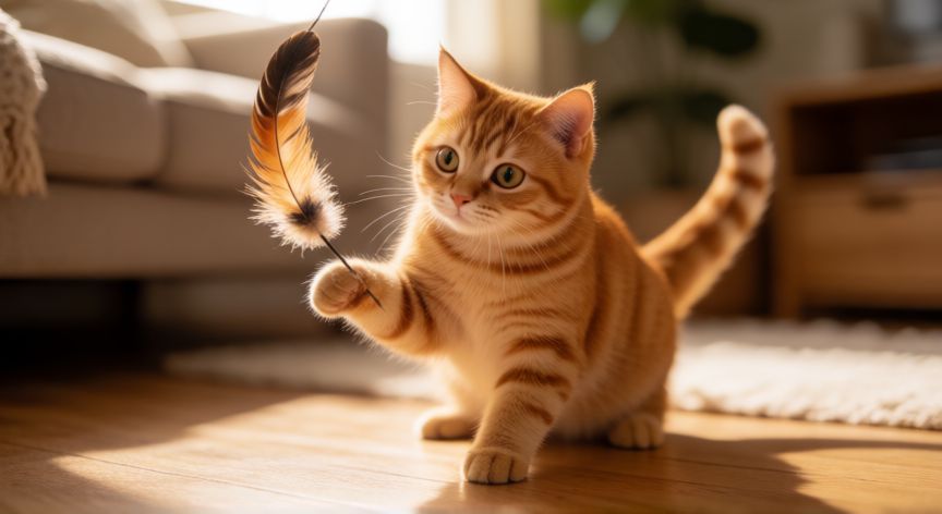 cuidados de la mascota, Gato naranja jugando con un juguete