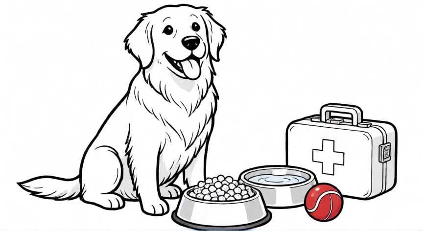cuidados de la mascota para colorear, Lámina para colorear de un perro con sus elementos de cuidado como comida y juguetes