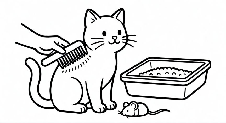 cuidados de la mascota para colorear, Dibujo para colorear de un gato siendo cepillado junto a su arenero