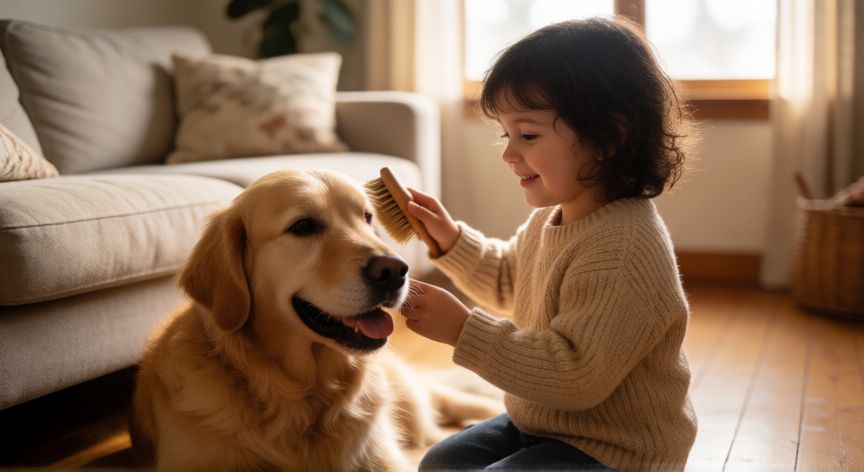 cuidados de la mascota para niños, Niño cepillando a su perro dorado en el salón