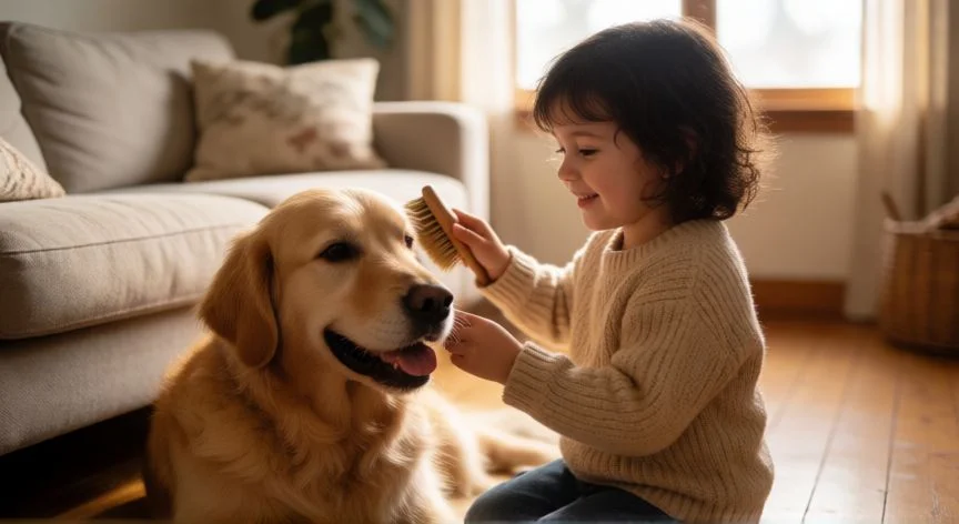 Niño de seis años acariciando un cachorro golden retriever en el salón familiar