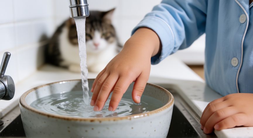 cuidados de la mascota para niños, Manos de niño llenando el cuenco de agua del gato