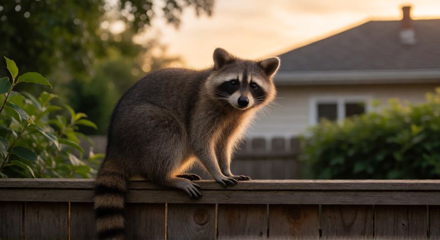 cuidados de mapache como mascota, Mapache sobre una valla de madera en un patio trasero al atardecer