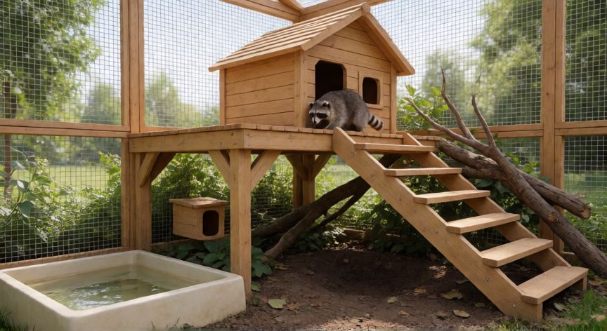 cuidados de mapache como mascota, Hábitat exterior con plataforma de trepa y zona de agua para mapache