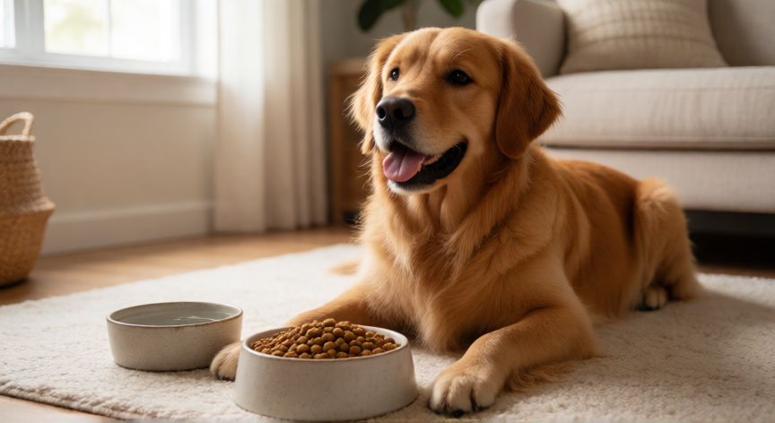 cuidados de mascota, Perro dorado descansando felizmente junto a sus cuencos de comida en un salón acogedor