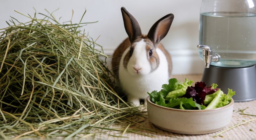 cuidados de mascota conejo, Bolsa de heno y cuenco de verduras para conejo en su área de alimentación