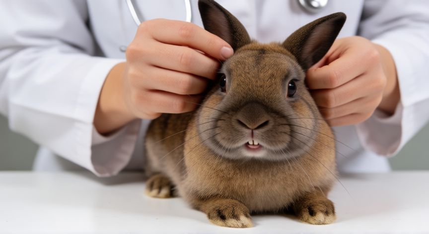 cuidados de mascota conejo, Veterinario revisando la salud dental y auditiva de un conejo en la clínica