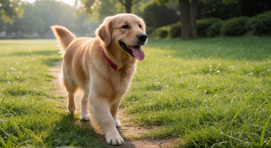 cuidados de mascota perro, Perro golden retriever disfrutando de una caminata en el parque