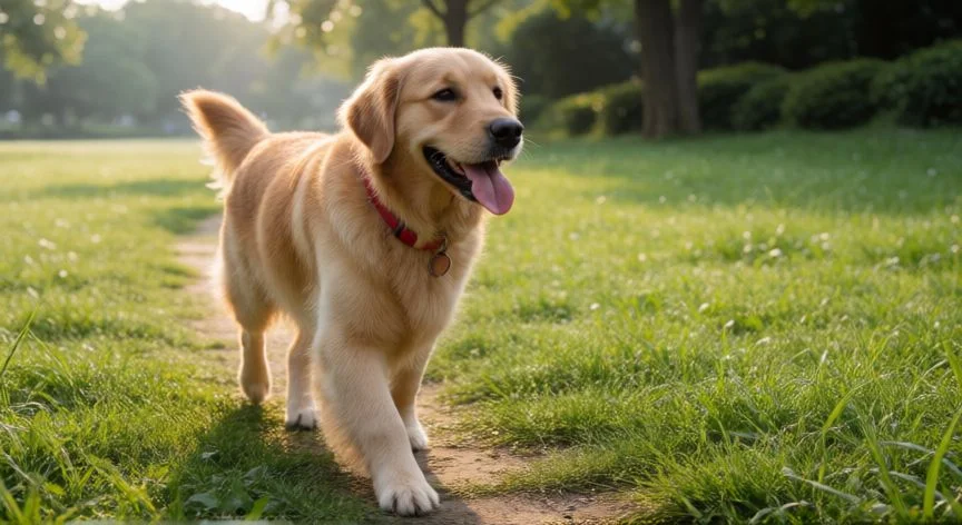 Perro golden retriever disfrutando de una caminata en el parque