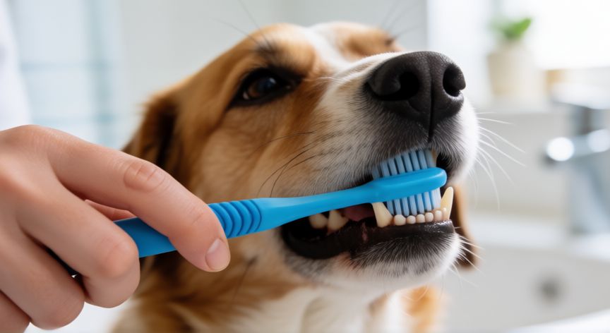 cuidados de mascota perro, Persona cepillando los dientes de su perro con cuidado