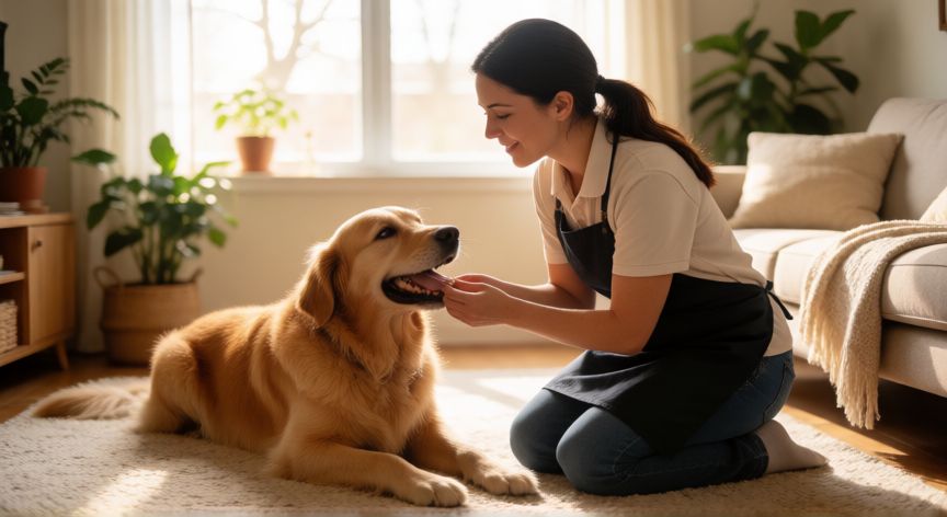 cuidados de mascotas a domicilio, Pet sitter alimentando a un perro en el salón de casa
