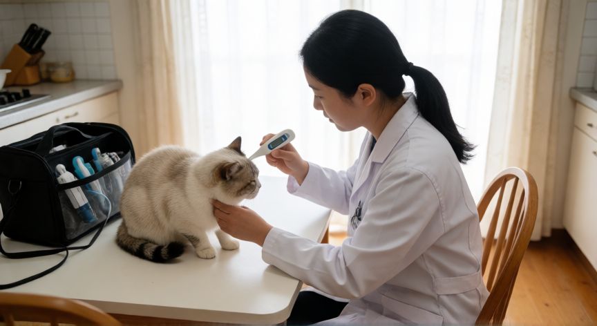 cuidados de mascotas a domicilio, Veterinario revisando la temperatura de un gato en el hogar