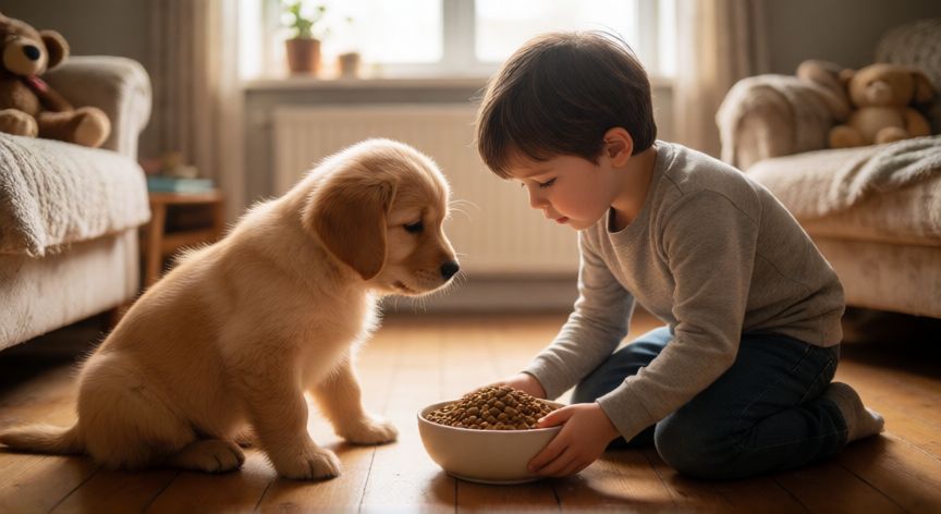 cuidados de mascotas para niños, Niño dando de comer a un cachorro de perro en el suelo de la sala