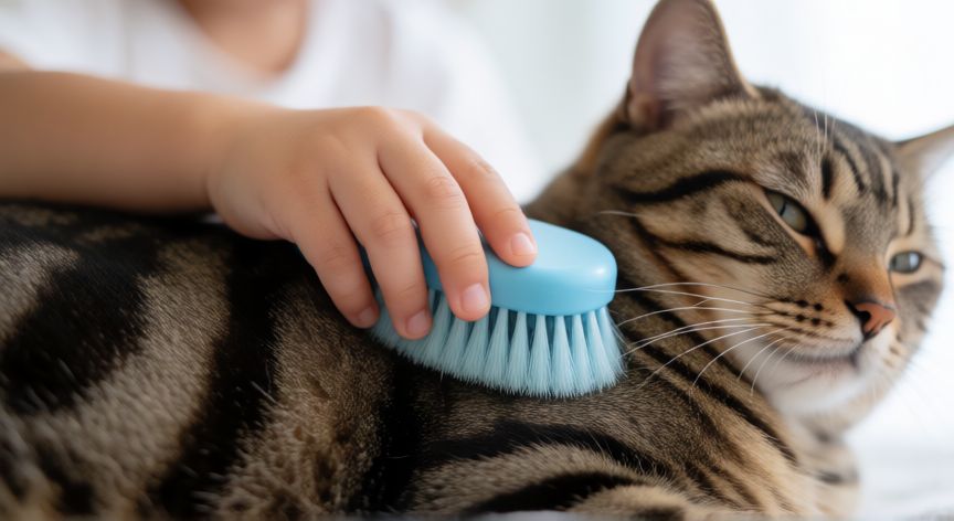 cuidados de mascotas para niños, Manos de niño cepillando suavemente el pelaje de un gato atigrado