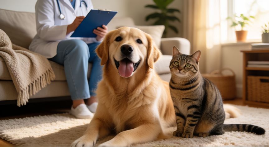 cuidados de mi mascota, Perro y gato recibiendo atención veterinaria en el hogar