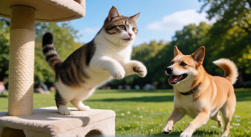 cuidados de mi mascota, Gato trepando en un rascador y perro corriendo en el parque