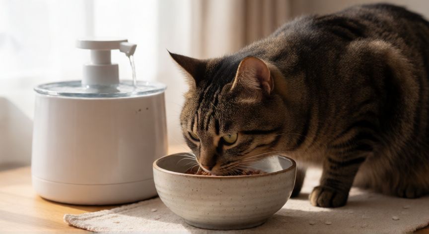 cuidados de mi mascota gato, Gato comiendo de un bowl junto a una fuente de agua en casa