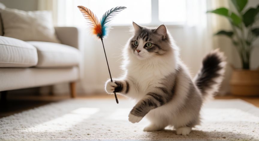 cuidados de mi mascota gato, Gato jugando activamente con un juguete de plumas en el suelo