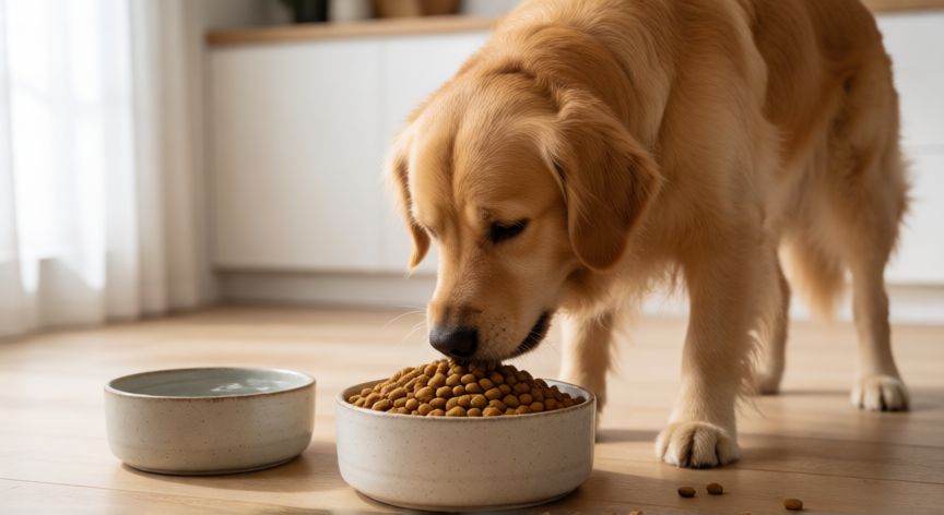 cuidados de mi mascota perro, Perro comiendo alimento sano en su bowl