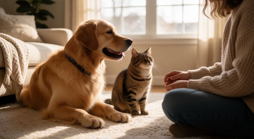 cuidados de nuestra mascota, Persona jugando con su perro y gato en un salón luminoso y acogedor