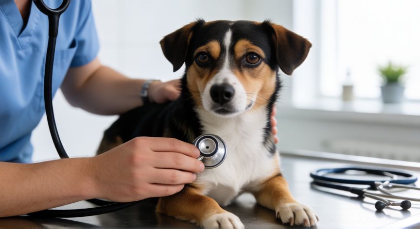 cuidados de nuestra mascota, Veterinario examinando a un perro en una clínica limpia y moderna