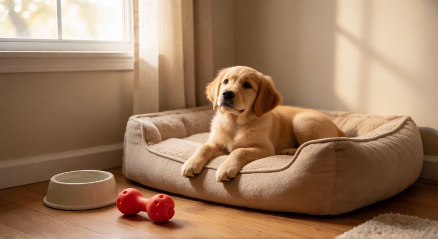 cuidados de un cachorro, Cachorro de raza golden retriever descansando en su cama en una sala de estar acogedora