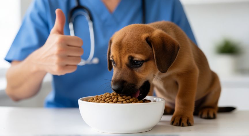 cuidados de un cachorro, Cachorro marrón comiendo pienso en una clínica veterinaria moderna