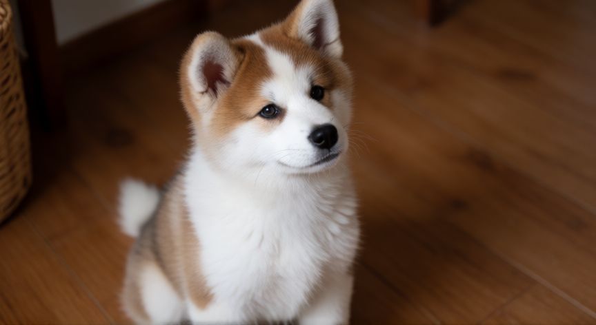 cuidados de un cachorro akita, Cachorro Akita japonés mirando hacia arriba con expresión atenta