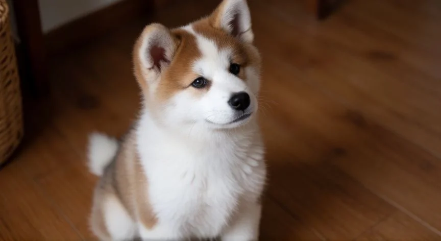 Cachorro Akita japonés mirando hacia arriba con expresión atenta