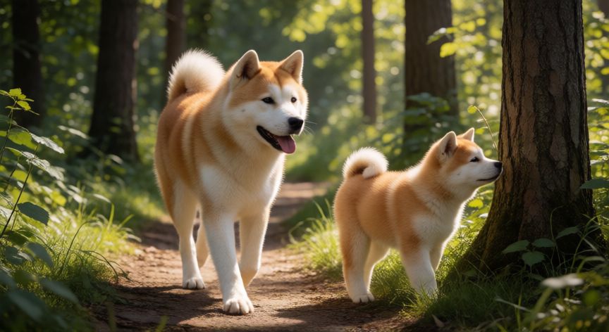 cuidados de un cachorro akita, Perro Akita adulto y cachorro paseando por un bosque