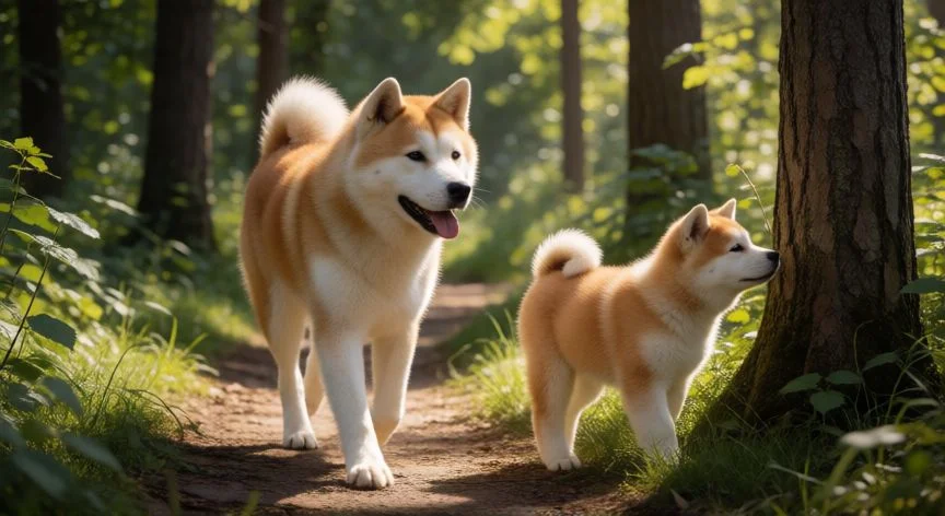 cuidados de un cachorro akita, Perro Akita adulto y cachorro paseando por un bosque