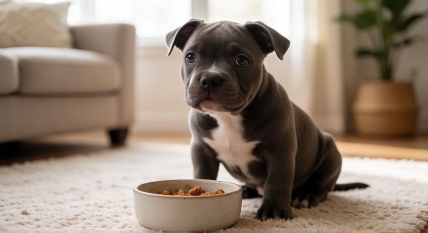 cuidados de un cachorro american bully, Cachorro American Bully comiendo en su cuenco en casa
