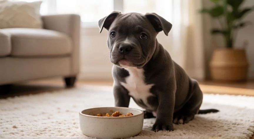 Cachorro American Bully comiendo en su cuenco en casa