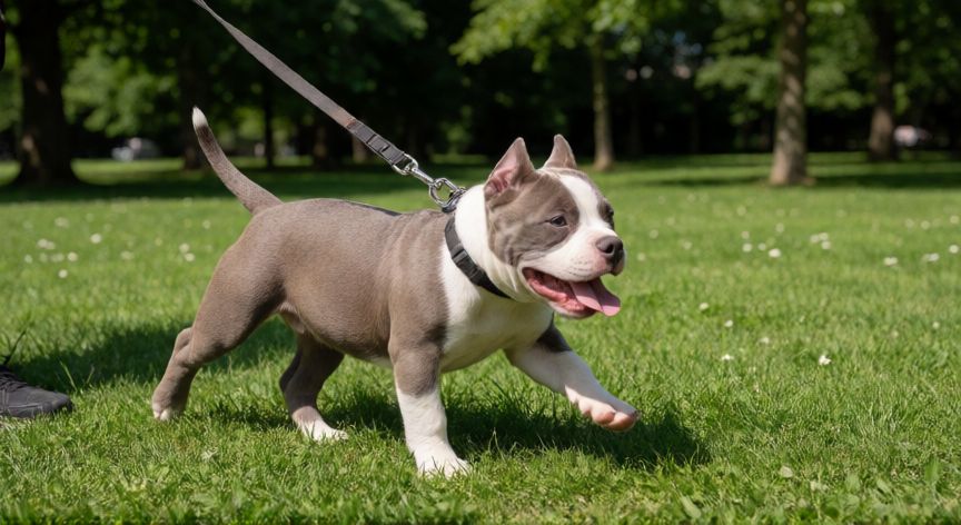 cuidados de un cachorro american bully, Paseo de cachorro American Bully en un parque soleado