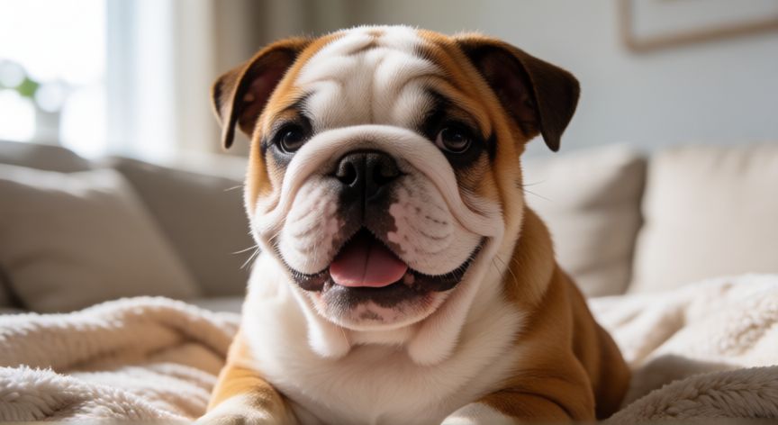 cuidados de un cachorro bulldog ingles, Cachorro de bulldog inglés con expresion amable y arrugas faciales