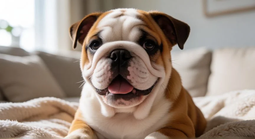 Cachorro de bulldog inglés con expresion amable y arrugas faciales