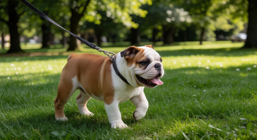 cuidados de un cachorro bulldog ingles, Cachorro bulldog inglés paseando con correa en un parque soleado