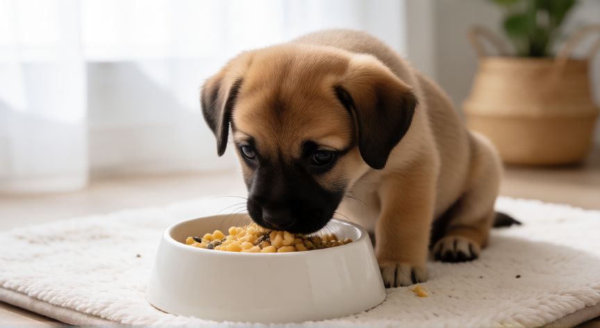 cuidados de un cachorro de 1 a 3 meses, Cachorro comiendo su alimento de cachorro en casa
