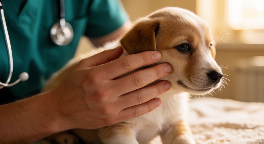cuidados de un cachorro de 1 a 3 meses, Veterinario revisando la salud de un cachorro joven