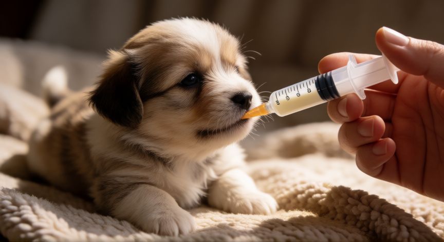 cuidados de un cachorro de 1 mes sin madre, Cachorro tomando leche con jeringa sobre mantita