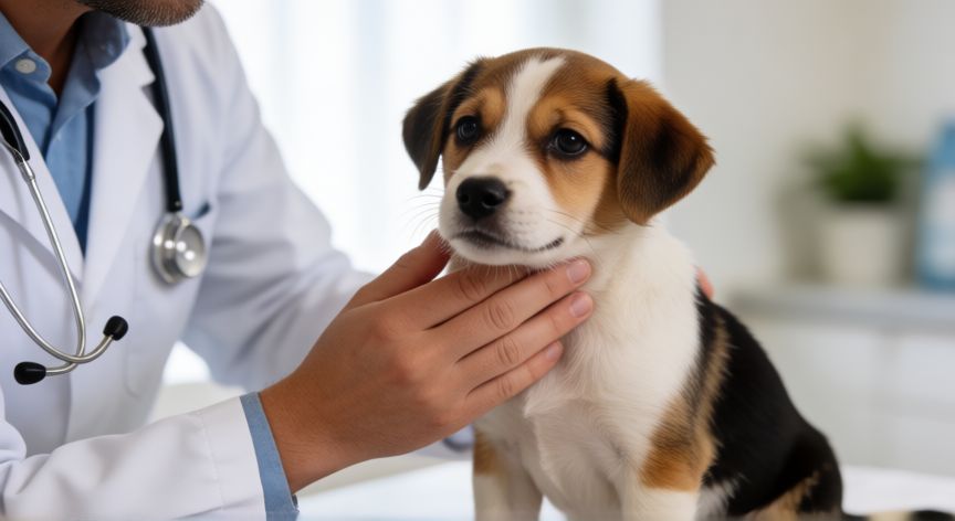 cuidados de un cachorro de 1 mes sin madre, Veterinario revisando la salud de un cachorro pequeño