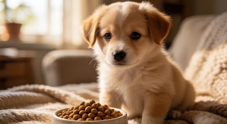 cuidados de un cachorro de 2 meses, Cachorro de dos meses comiendo su alimento en un ambiente hogareño acogedor