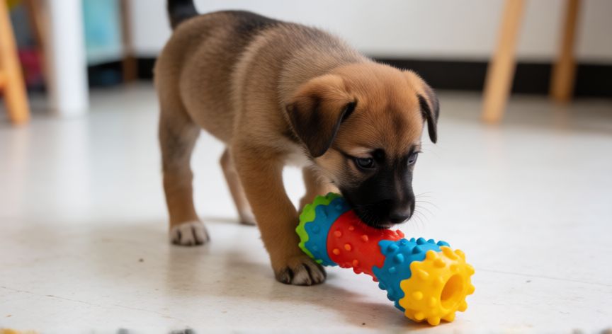 cuidados de un cachorro de 2 meses, Cachorro juguetón interactuando con un juguete educativo en el interior de la casa